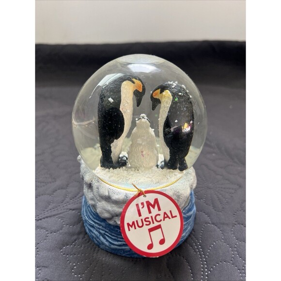 Penguin Family Music Box Snow Globe Plays “Jingle Bells” Holiday Decor Accent - Picture 1 of 7